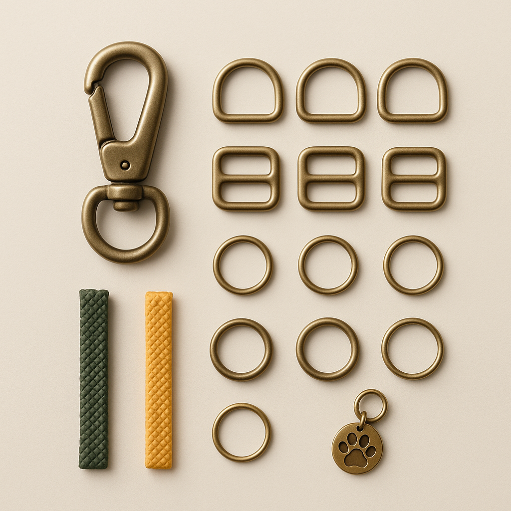 Geordnetes Flatlay mit O-Ringen, Karabinern und Paracord-Stücken für Hundezubehör