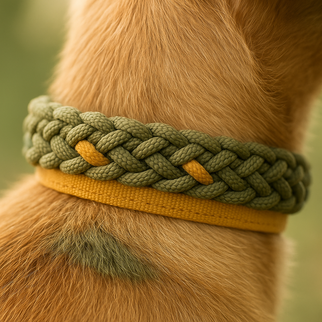 Handgeflochtenes Paracord-Cover auf Zeckenband am Hundehals, Detail mit weichem Bokeh