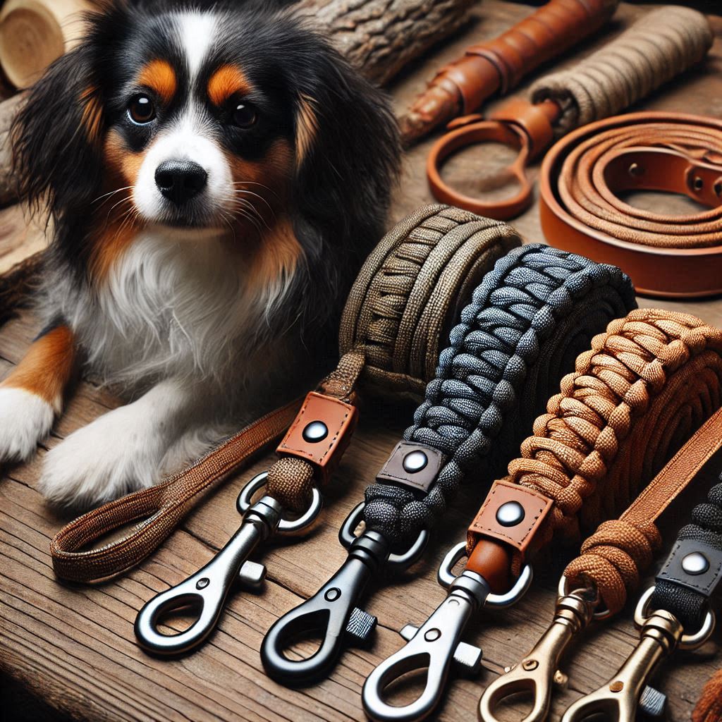 Hochwertige Paracord- und Lederleinen – Für deinen vierbeinigen Freund Ein Hund sitzt neben einer Auswahl handgefertigter Hundeleinen aus Paracord und Leder in verschiedenen Designs