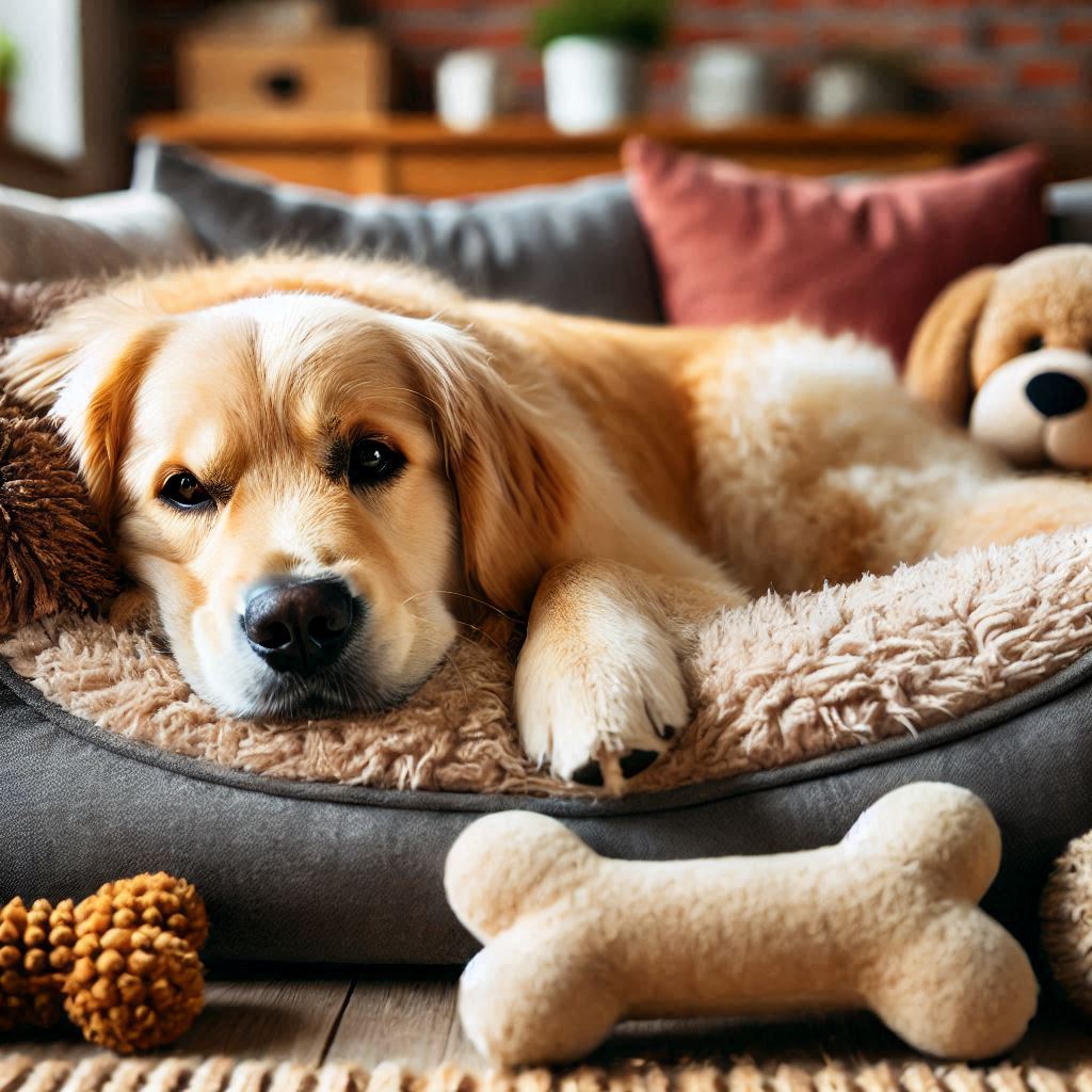 Zubehör für Hunde – Golden Retriever im gemütlichen Hundebett Ein Golden Retriever ruht bequem in einem luxuriösen Hundebett – Kategorie Zubehör