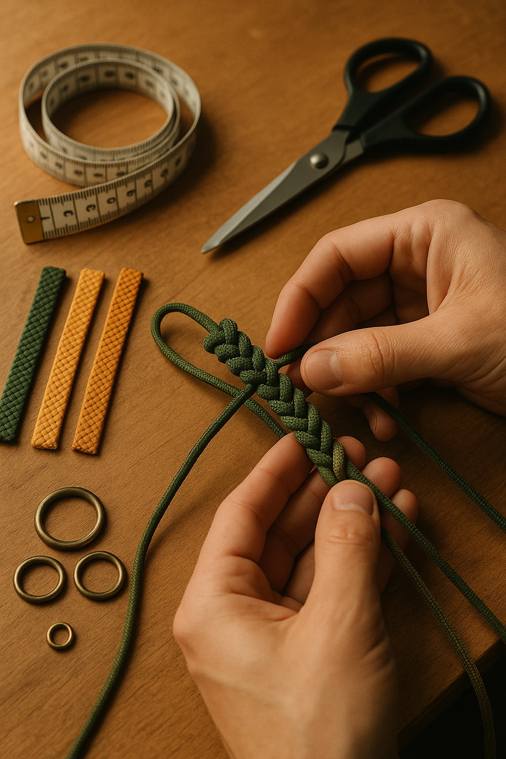 Hände flechten Paracord an Werkbank, daneben Maßband und Farbmuster