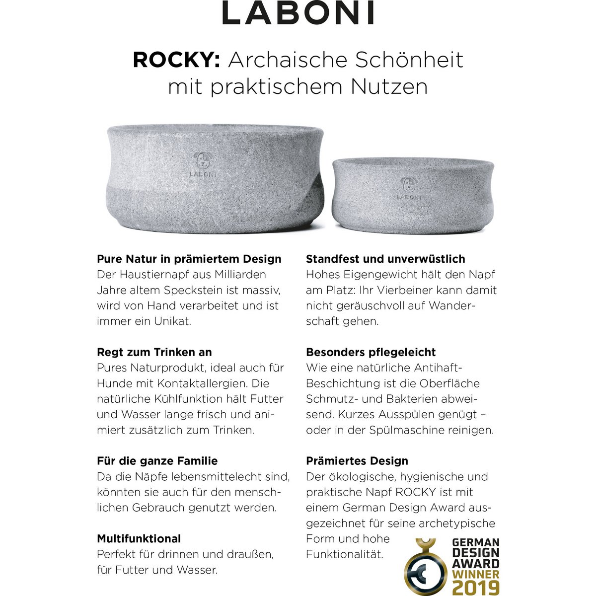 LABONI ROCKY Edel-Näpfe in zwei Größen mit Produktbeschreibung, ideal für Hunde und Katzen.