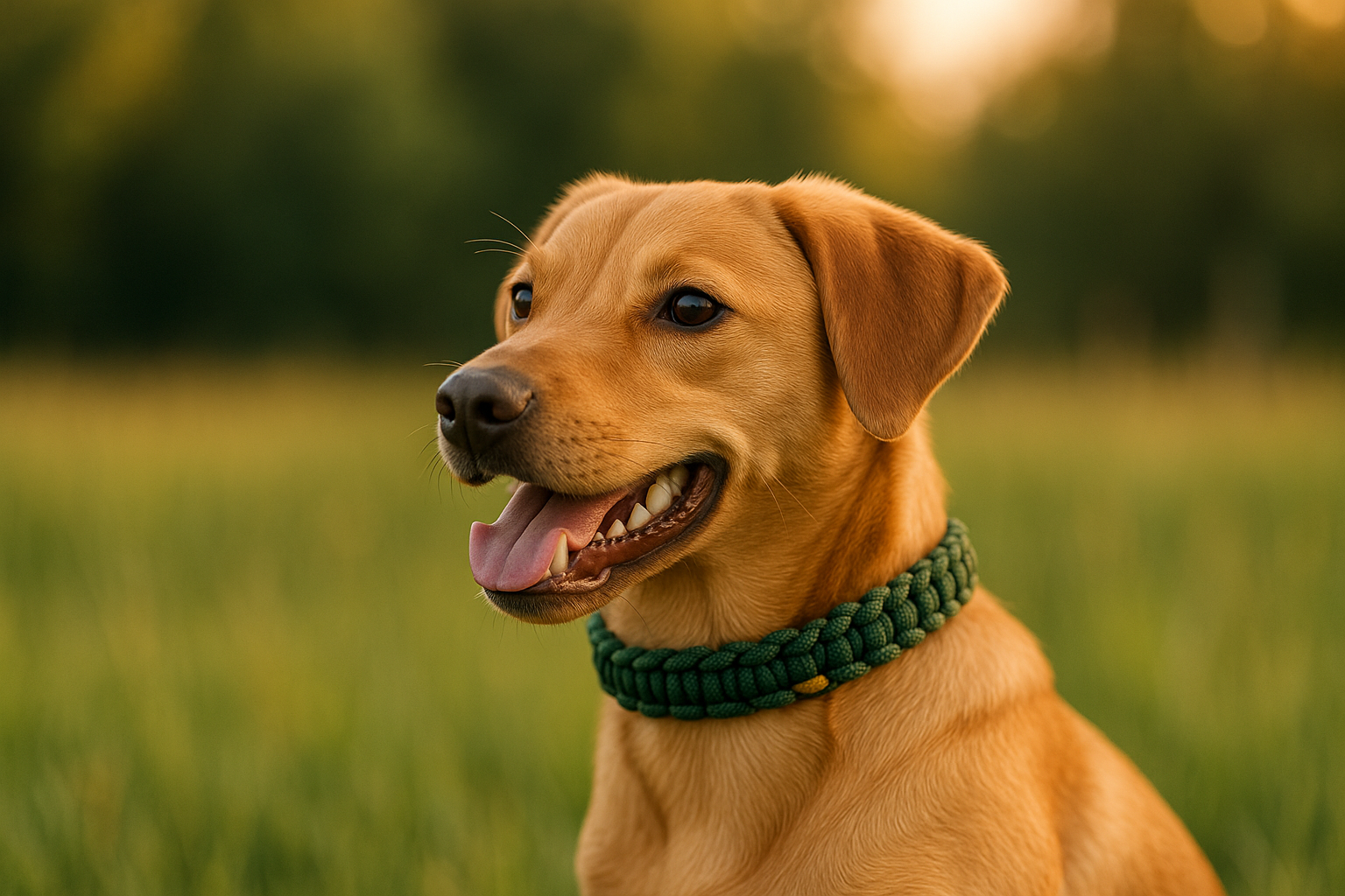 Fröhlicher Hund mit grünem Paracord-Halsband im Abendlicht vor weichem Natur-Bokeh