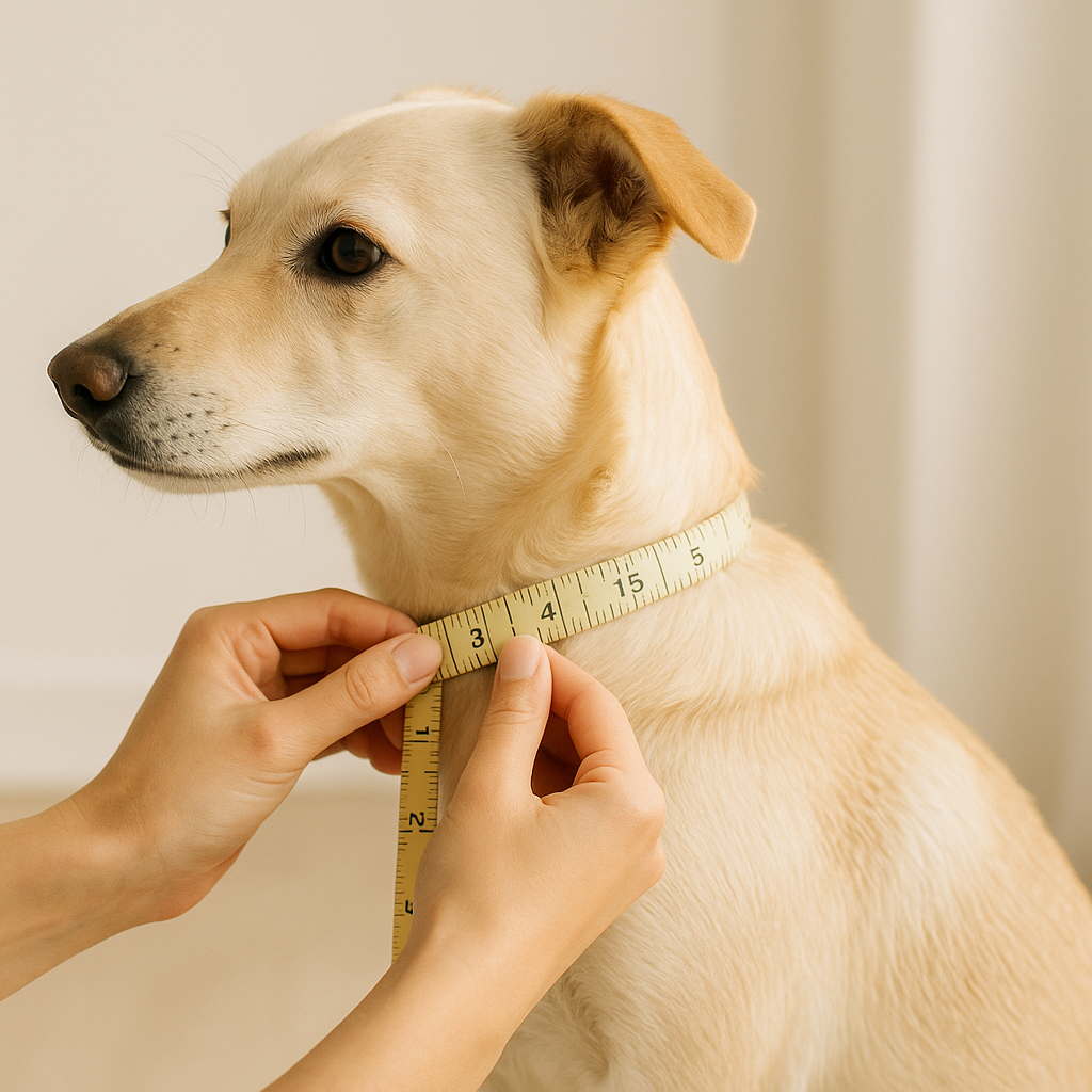 Hände legen ein Maßband korrekt um den Hundehals zur Größenmessung